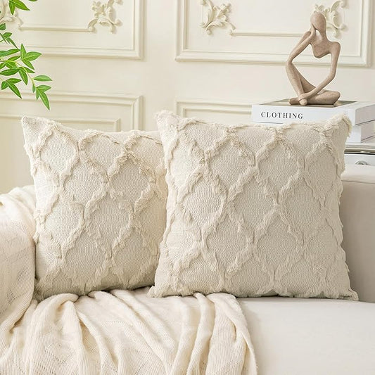 Set of 2 Soft Moroccan Throw Pillow Covers 24x24 Inch Plush Boho Decorative Pillow Cover Accent Cushion Case for Couch Sofa Bed, Beige
