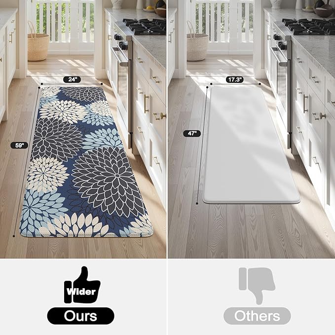 KIMODE Anti Fatigue Kitchen Mats for Floor, Boho Floral Kitchen Rugs 24" x 59", Cushioned Mats for Kitchen Floor, Non Slip Kitchen Floor Mats, Sink, Laundry, Office,Blue Multi