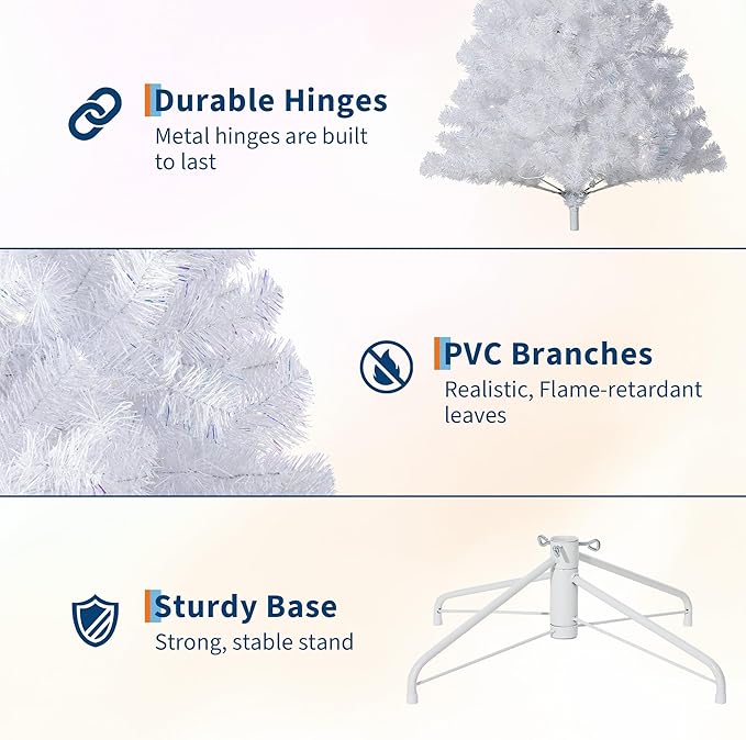 GarveeHome White Christmas Tree, 9ft Prelit Artificial Christmas Tree with LED Warm White Lights & Metal Stand, Fake Xmas Pine Holiday Decoration for Home, Office, Party