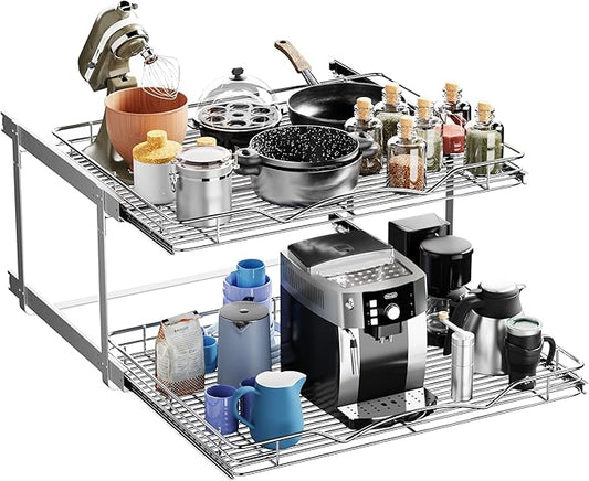 HOLDN’ STORAGE Two Tier Pull Out Cabinet Organizer, Individual Sliding Drawers - Heavy Duty Metal with Lifetime Limited Warranty - Anti Rust Chrome Finish - 28.5" W x 21”D x 16.5" H