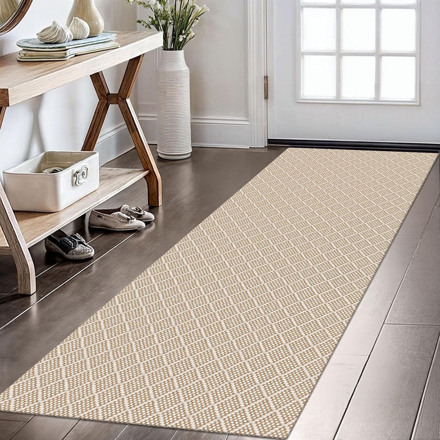 KOZYFLY Runner Rug 2x6 Ft Washable Runners for Hallways Non Slip Rubber Backed Kitchen Runners, Cotton Entryway Runner Indoor, Floor Carpet for Hallway Kitchen Entryway Bedroom, Tan/Beige