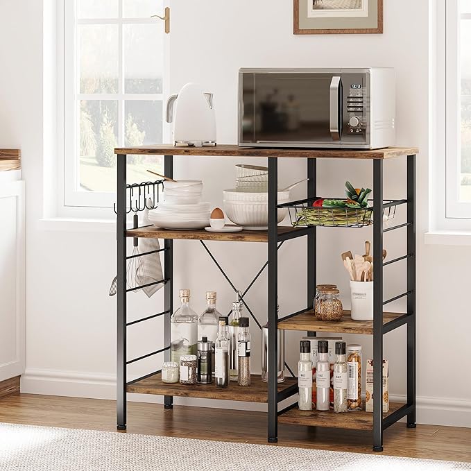 IRONCK Industrial Kitchen Baker’s Rack, Kitchen Island Utility Storage Shelf, Coffee Bar Microwave Stand with 6 Hooks, Metal Frame, Simple Assembly, Vintage Brown