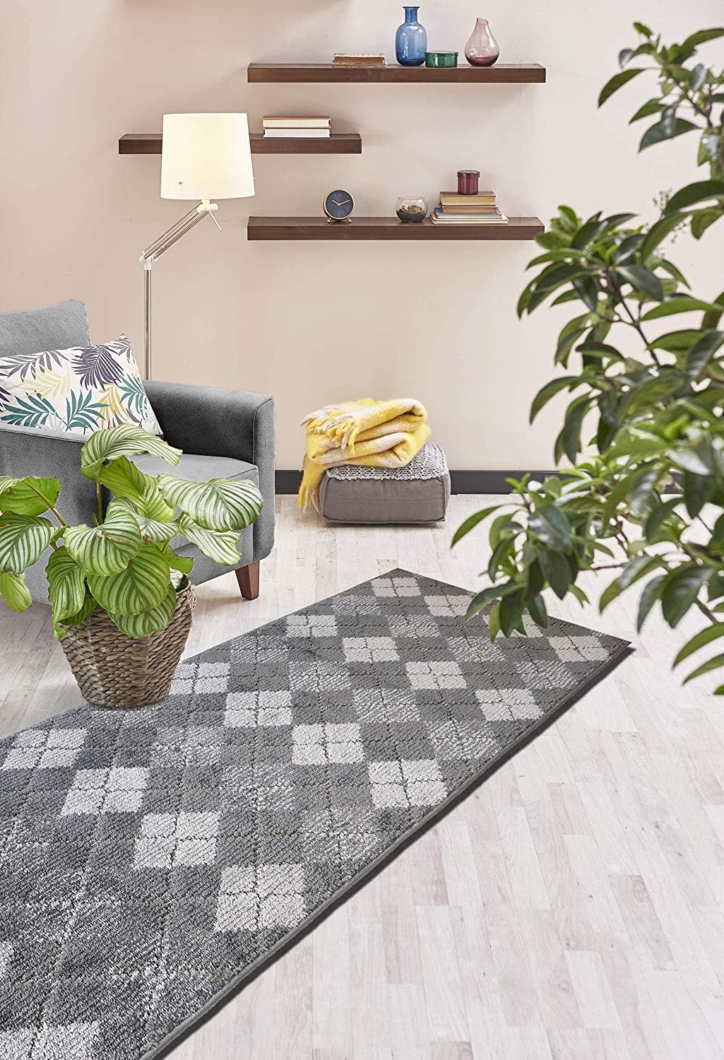 Custom Length Hallway Runner Rug,Slip Resistant,Squares Grey, 26 Inch X 32 feet, Sold and Priced Per Foot