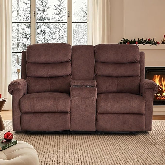 Loveseat Reclining Sofa, Home Theater Seating with Center Console, RV Recliner Sofa with Cup Holders and Pockets, Manual Double Seater Recliner for Living Room, Motor Home (Flannel Brown)