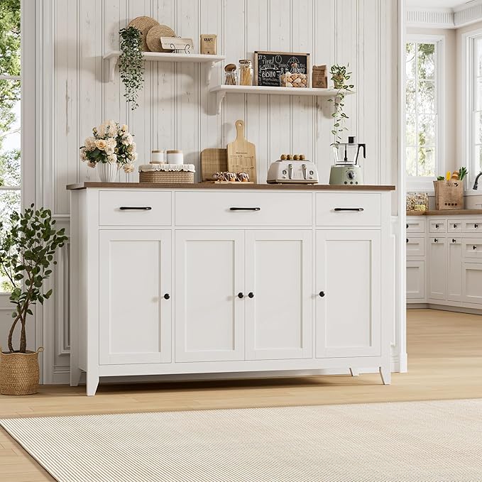 HORSTORS 55" Buffet Cabinet, Modern Farmhouse Sideboard Buffet with Drawers, Large Kitchen Storage Cabinet with Adjustable Shelves, Wood Coffee Bar for Kitchen, Dining Room, Living Room, White