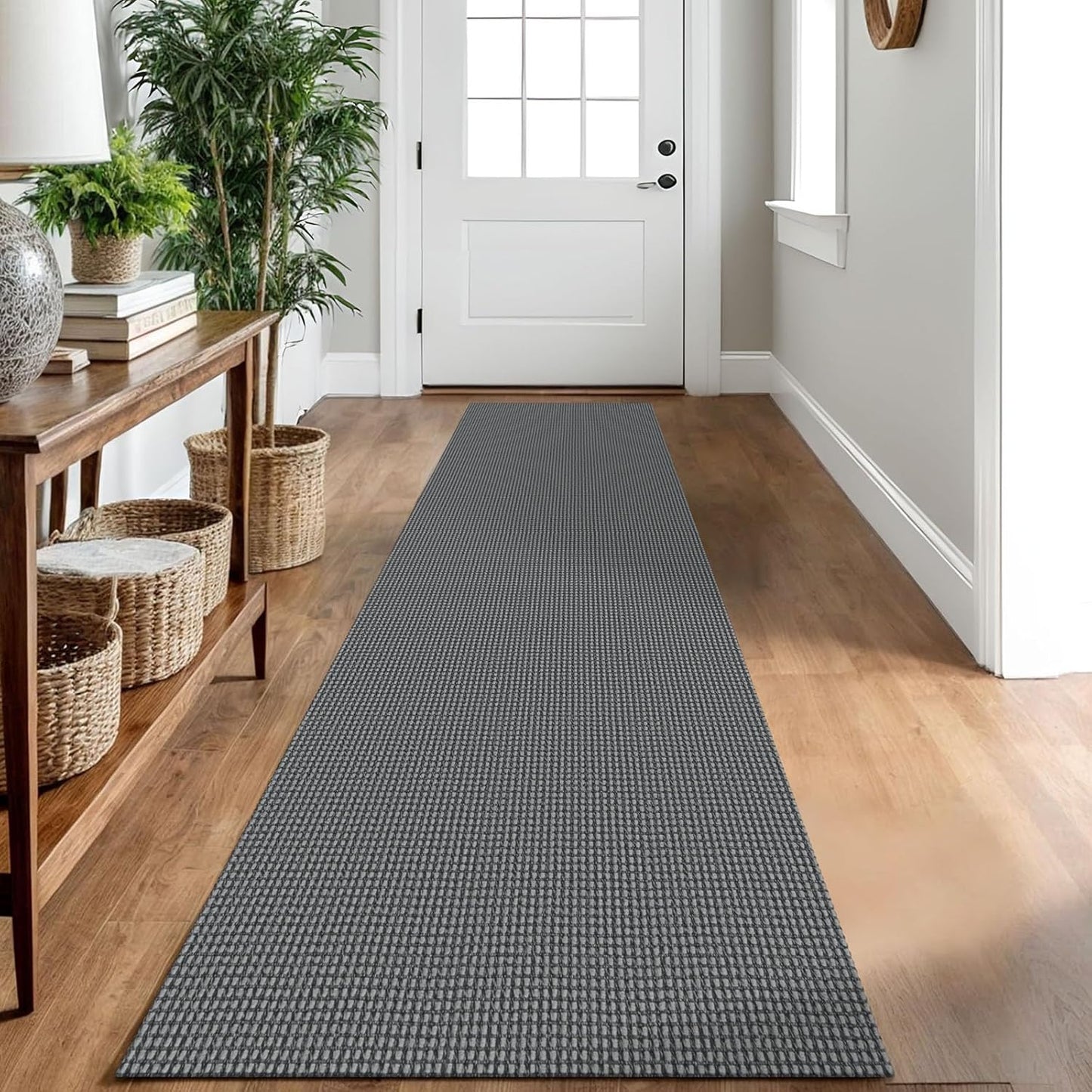 IOHOUZE Washable Runner Rug 2x10 Non Slip Rubber Backed Long Hallway Runner Entryway Runner Indoor, Kitchen Rugs Woven Cotton Floor Carpet for Hall Entrance, Dark Grey
