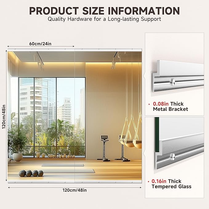 Home Gym Mirror, 48'' x 24'' x 2PCS, Large Full Body Mirror for Yoga, Frameless Tempered Glass, Wall Mounted for Home Gym, Garage, Bedroom, Bathroom