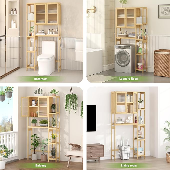 Over The Toilet Storage Cabinet Above Toilet Bathroom Organizer with Toilet Paper Holder Stand Bath Organizer with Adjustable Shelves & Acrylic Doors,Anti-Tip Device (Nature, 3 Tiers with Cabinet)