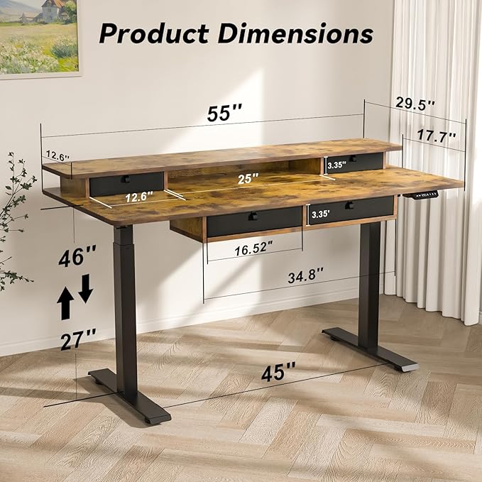 Adjustable Height Standing Desk with 4 Drawers & Wheels,55 x 30 inches Electric Sit Stand Desk for Home Office,3 Memory Presets,Monitor Stand Riser,USB A/C Charging Port
