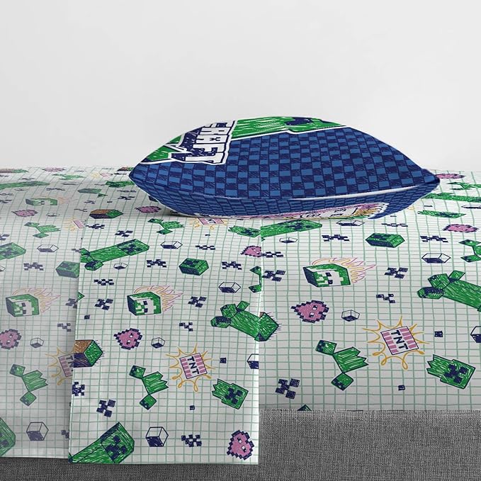 Jay Franco Kids Sheet Set with Fitted, Flat Sheets & Pillow Cover - Ultra-Soft Bedding with Pillowcase for Room Decor, Multi - Minecraft, 3 Piece Twin