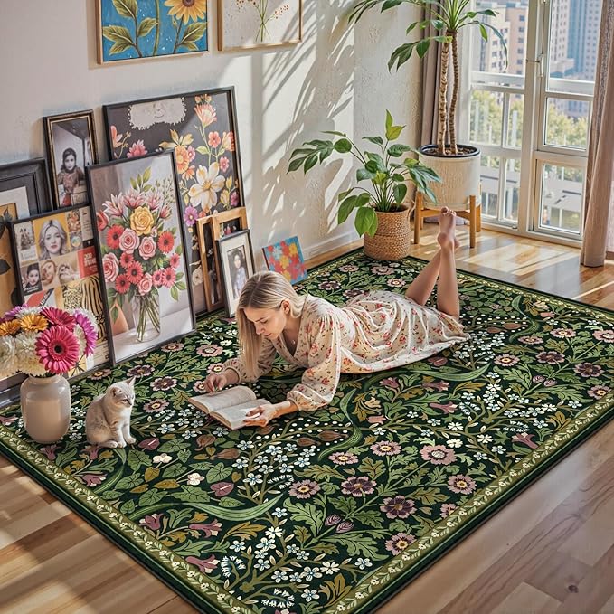 Lahome Floral 5x7 Washable Living Room Rugs, Green Area Rugs for Bedroom Rubber Backed, Botanical Thin Stain-Resistant Carpet for Dining Room, Guestroom, Kids Room, Living Room Decor