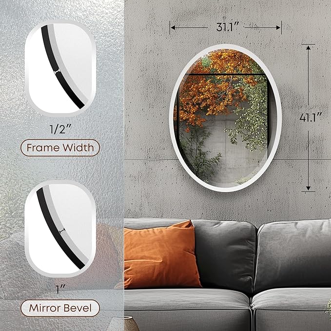 OVALCREST - Oval Wooden Beveled Wall Mirror for Home Decor, Bathroom, Vanity, Bedroom, Living Room, Hallway - London Style (Linen White) 31.1 x 41.1