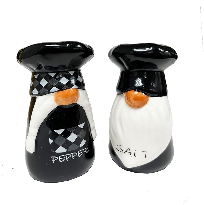 KARALIN Ceramic Salt & Pepper Shaker Sets Tabletop Accessories Cute Farmhouse Chef Design Housewarming gift with Gift Box ready (Black & White)