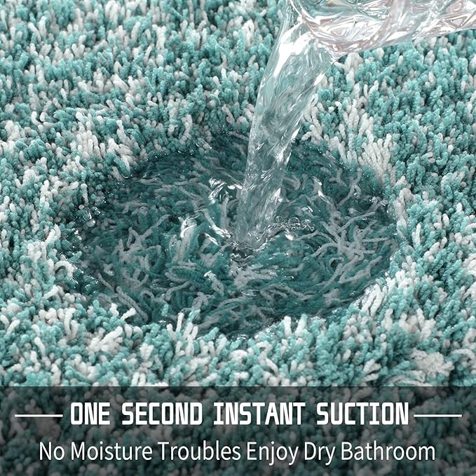Yimobra Toilet Rugs U Shaped 24x20, Ultra Soft and Water Absorbent Bath Mats, Non Slip Fluffy Luxury Microfiber Contour Bath Rugs for Toilet, Dry Quick, Machine Washable, Teal and White