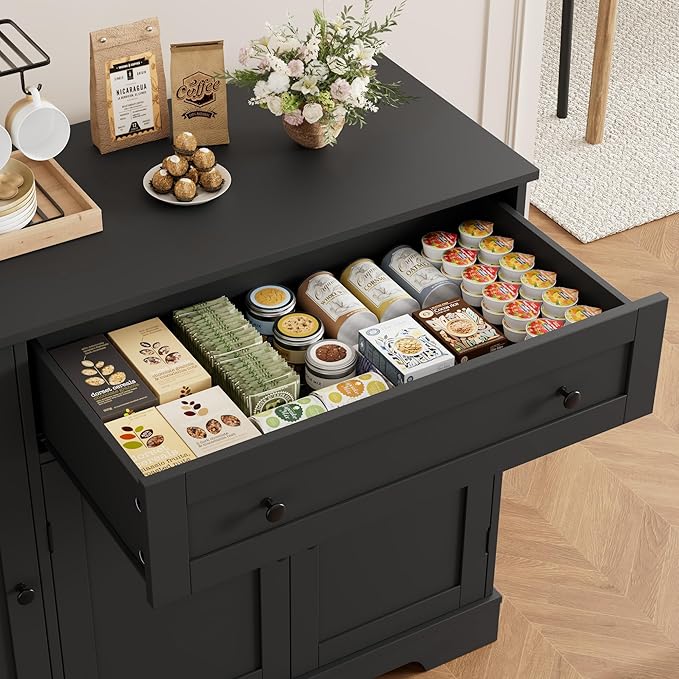 HOSTACK Buffet Cabinet with Storage, Modern Sideboard Buffet with Doors, Wood Coffee Bar Kitchen Storage Cabinet with Drawer and Adjustable Shelf for Kitchen, Dining Room, Living Room, Black