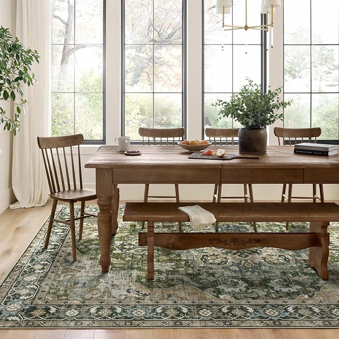 Washable Area Rug 8x10 - Large Moss Green Boho Rugs for Living Room Soft Vintage Bedroom Rug Ultra-Thin Distressed Oriental Carpet Stain Resistant Rug for Dining Room Guest Room Home Decor