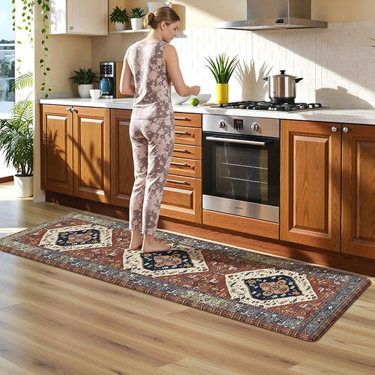 KIMODE Anti Fatigue Mats for Kitchen Floor 24"x71", Red Farmhouse Kitchen Runner Rugs, Cushioned Kitchen Floor Mats Non Skid, Boho Memory Foam Kitchen Mats for Laundry Office Sink Desk