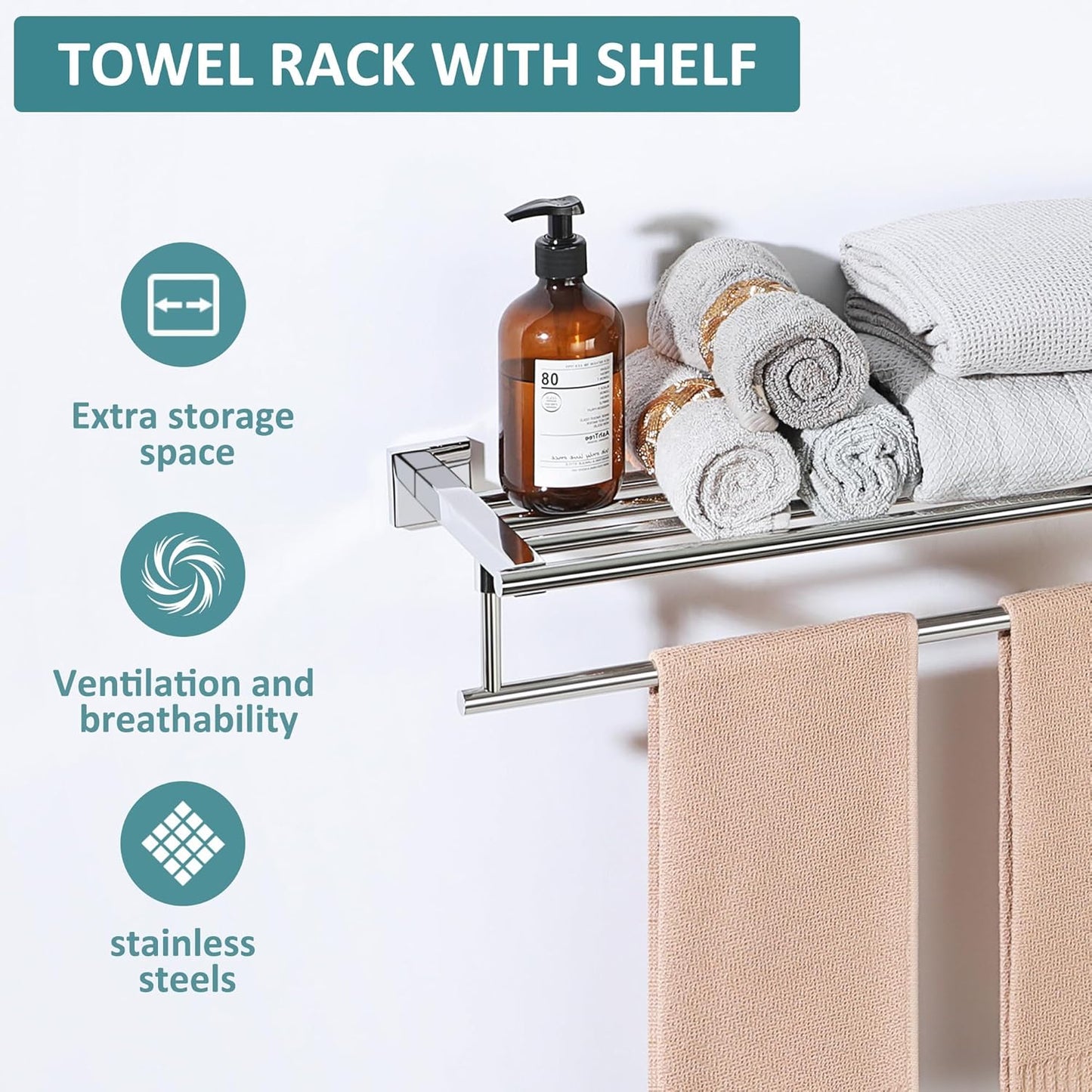 Alise 16 Inch Towel Racks for Bathroom, Towel Rack Wall Mounted with Tower Bars, SUS 304 Stainless Steel Bathroom Shelf, Heavy Duty Hand Towel Holder （Polished Chrome ）