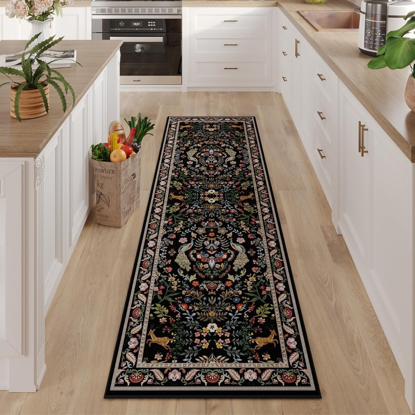 Runner Rug Washable Kitchen 2'6''x8' Rug for Entryway Indoor Floral Non-Slip Soft Carpet Runner for Hallways, Kitchen, Laundry, Bedroom, Bathroom (Vibrant Black)