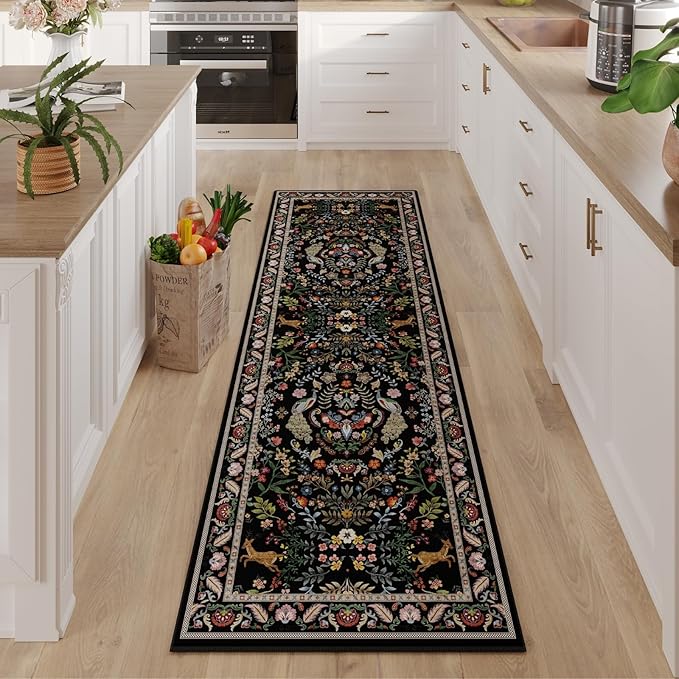 Runner Rug Washable Kitchen Runner 2'x6' Rug Floral Non-Slip for Entryway Indoor Soft Carpet for Hallways, Kitchen, Laundry, Bedroom, Bathroom (Vibrant Black)