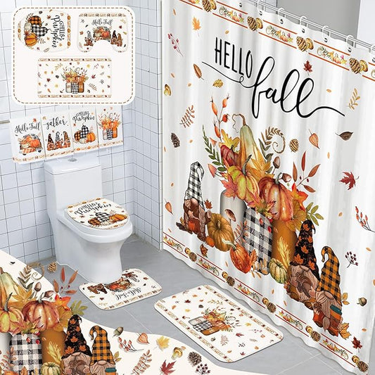 8 Pcs Hello Fall Shower Curtain Set for Bathroom Include Harvest Autumn Gnome Shower Curtain Towels Non Slip Rugs Toilet Lid Cover Pumpkin Bath Mat and 12 Hooks for Autumn Bathroom Decor