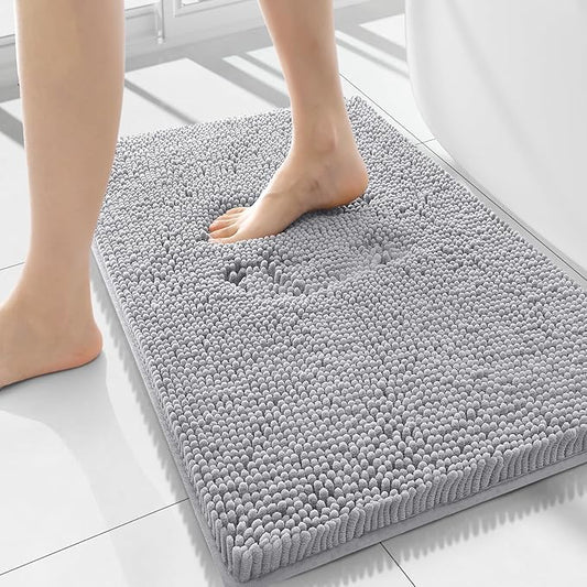 Smiry Luxury Chenille Bathroom Rugs 34x21, Extra Soft and Absorbent Shaggy Bath Mat, Machine Washable, Non-Slip Plush Carpet Runner for Tub, Shower, and Floor, Home Decor Accessories, Light Grey