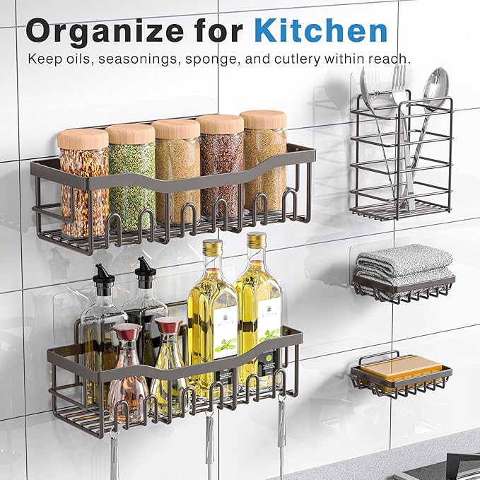 5-Pack Rustproof Stainless Steel Shower Caddy Set– No Drill Adhesive Bathroom Organizer, Space-Saving Shower Shelves for Apartment Essentials, Bathroom/Kitchen Storage Home Decor-L Size