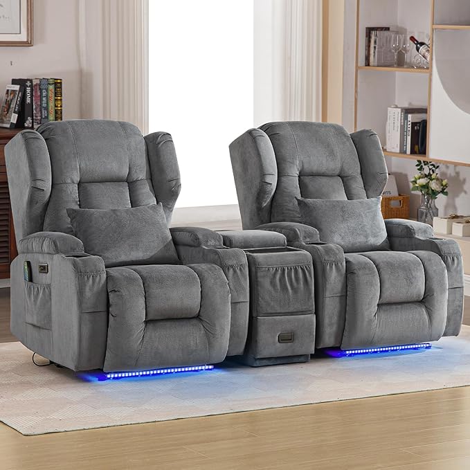 Wall Hugger Power Recliner Chair, Home Theater Seating Electric Recliing Sofa with Massage & Heat, Cup Holder, USB Port, LED Ambient Light, Storage for Living Room (Grey, 2 Chairs + Console)