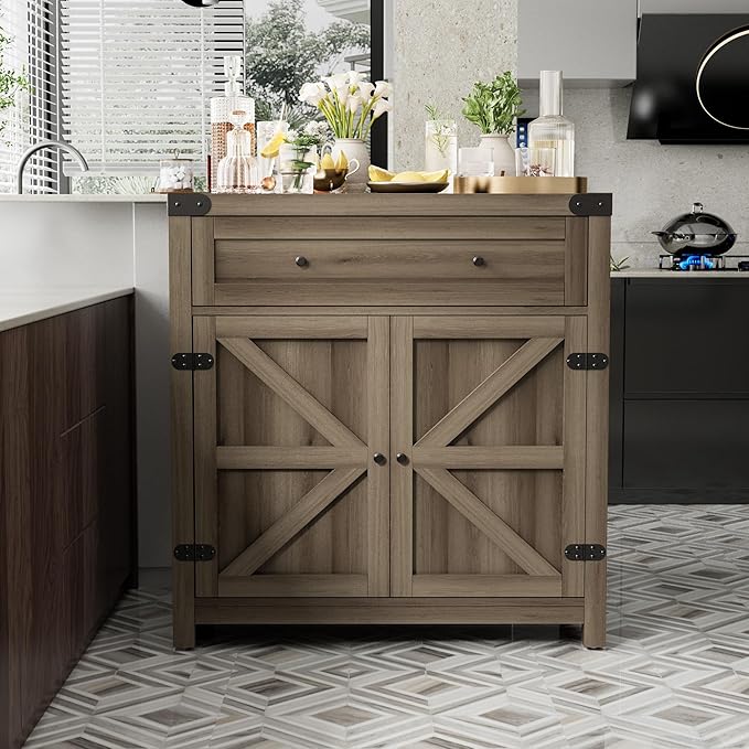 JUMMICO Coffee Bar Cabinet Farmhouse Kitchen Sideboard Buffet Cabinet with Drawer and Adjustable Shelf Barn Door Storage Cabinet for Kitchen, Dining Room, Bathroom, Entryway (Rustic Oak)