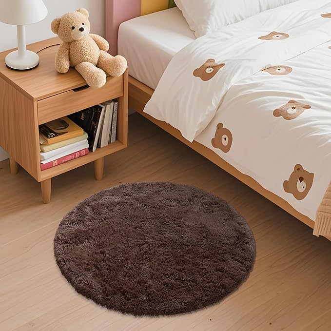OLANLY Coffee Round Rugs for Bedroom - Machine Washable, 2 ft Circle Area Rugs for Living Room, Soft and Fluffy Shaggy Carpet for Teen Girls and Boys, Nursery Rooms, Dorms, Home Decor Aesthetic