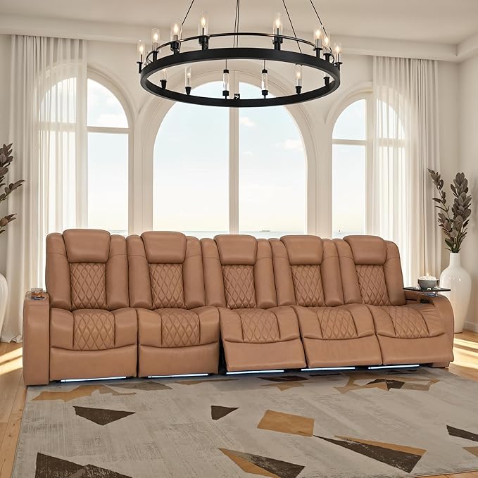 Seatcraft Diamante Zero-Gravity CoolZero Italian Leather Home Theater Seating, Power Headrest, Power Recline, Row of 5 Sofa, Tan Oak