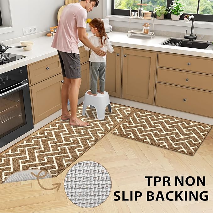 hicorfe Kitchen Rugs and Mats Sets,Non-Slip 2 Pieces Absorbent 100% Polypropylene Rug,Comfort Kitchen Runner Mat,Washable for Kitchen,Sink,Laundry(20" x 31.5" Plus 20" x 48",Brown)