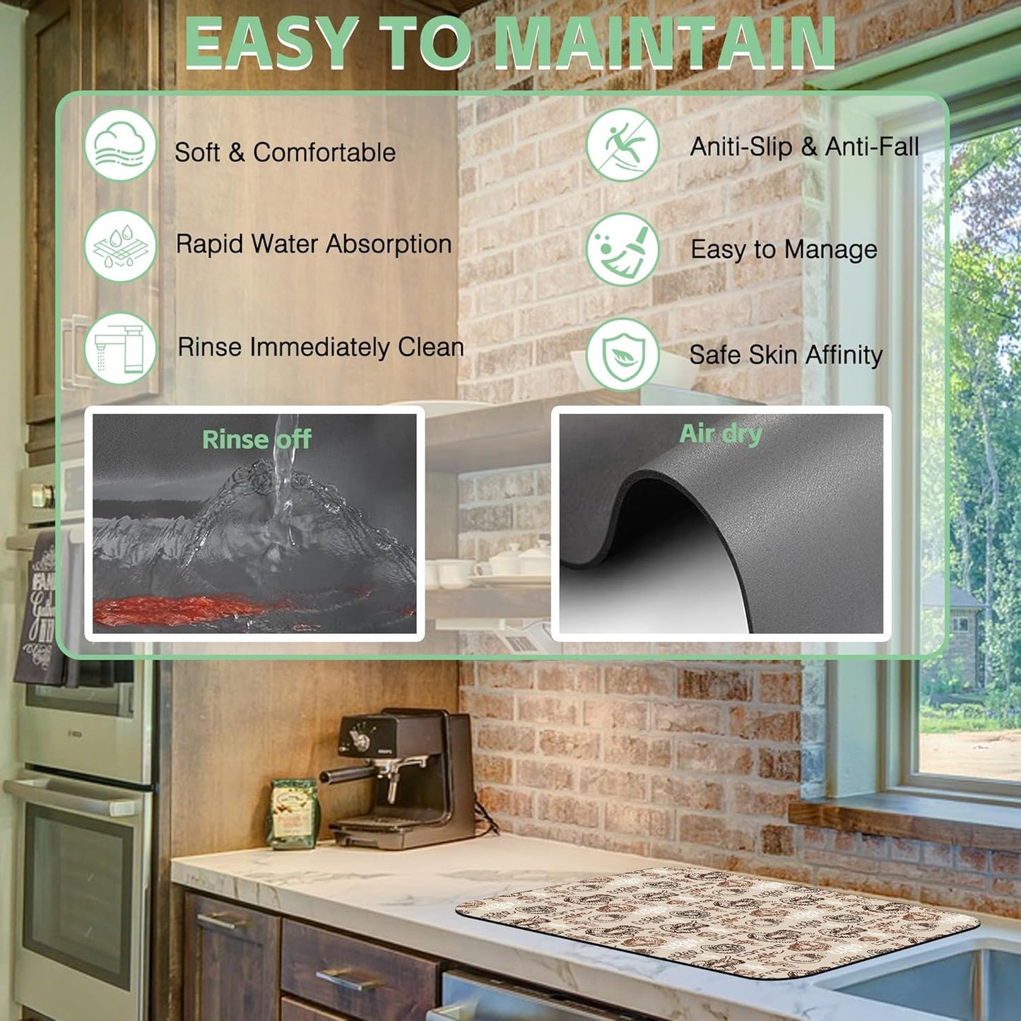 Doodle Coffee Cup Dish Drying Mat,16"X24" Absorbent Fast Dish Drying Mat for Kitchen Counter Pot and Pan, Kitchen Accessories