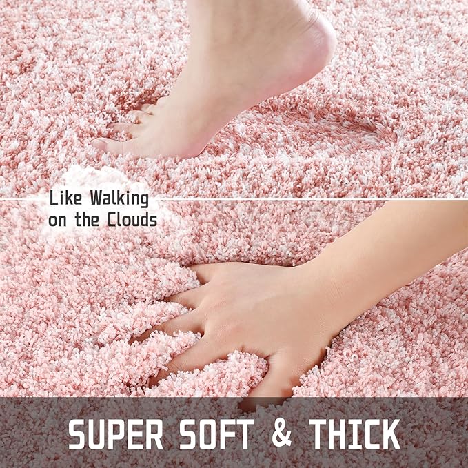 Yimobra Toilet Rugs U Shaped Washable 24x20, Ultra Soft and Water Absorbent Bath Mats, Non Slip Fluffy Shaggy Luxury Microfiber Contour Bath Rugs for Toilet, Dry Quick, Light Pink and White