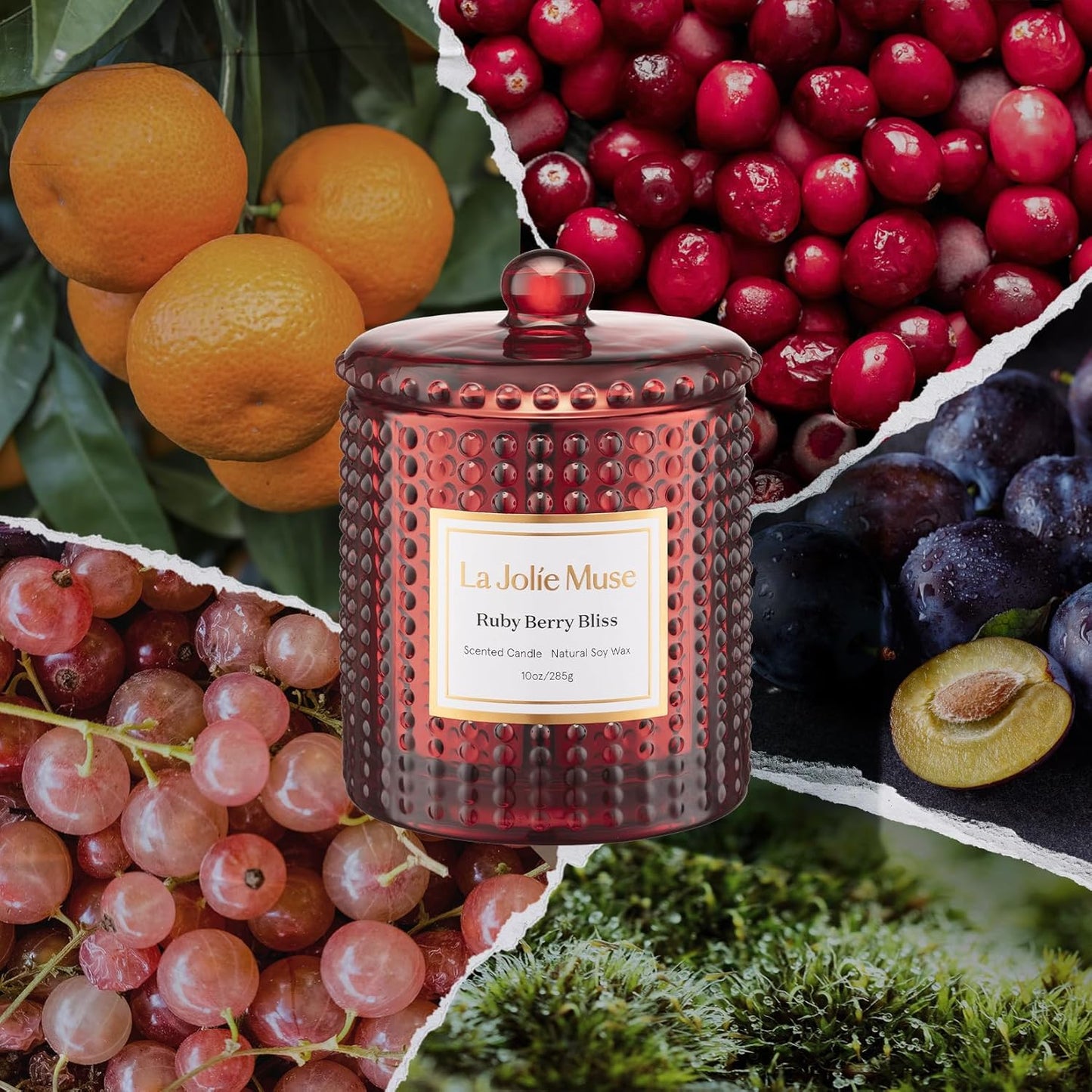 LA JOLIE MUSE Ruby Berry Bliss Scented Candle – Mandarin, Cranberry & Plum| Natural Soy Wax | 10 oz Festive Christmas Candle | 55 Hours Clean Burn | Autumn House Warming Gift | Seasonal Home Décor