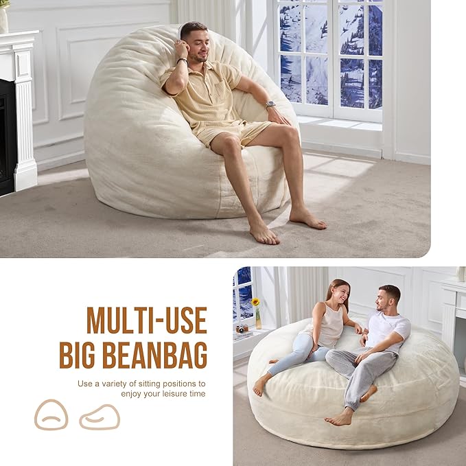Hobestluk 6ft Bean Bag Chairs for Adults Large Beanbag Chair with Plush Faux Fur Cover Big Bean Bag Chair for Living Room Bedroom Dorm Office - White (70" x 70" x 15")