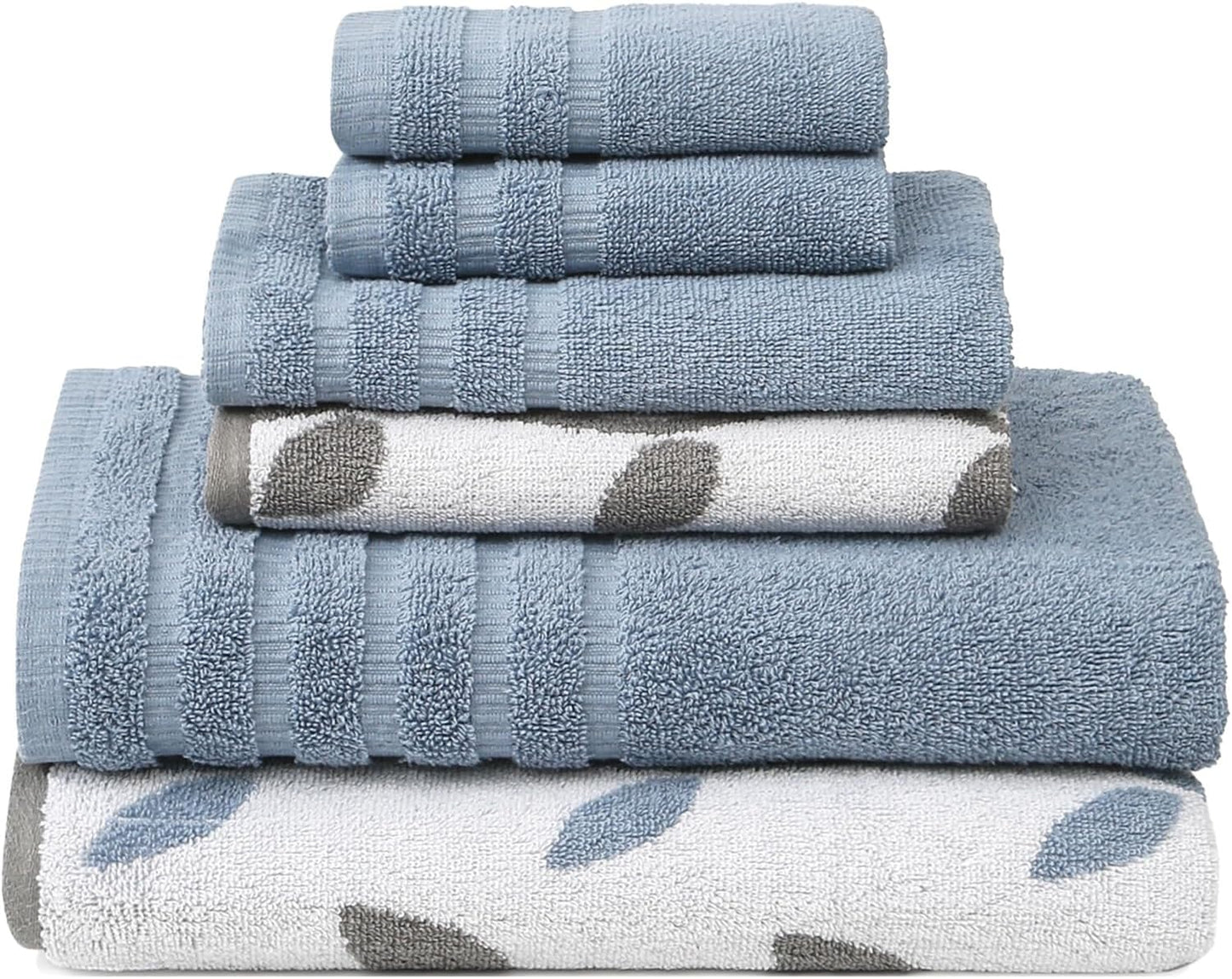 Modern Threads Organic Vines 6-Piece 100% Cotton Towel Set – Yarn Dyed Jacquard & Solid – Includes 2 Bath Towels, 2 Hand Towels, 2 Washcloths – Absorbent, Quick Dry, Soft & Durable – Blue