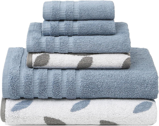 Modern Threads Organic Vines 6-Piece 100% Cotton Towel Set – Yarn Dyed Jacquard & Solid – Includes 2 Bath Towels, 2 Hand Towels, 2 Washcloths – Absorbent, Quick Dry, Soft & Durable – Blue