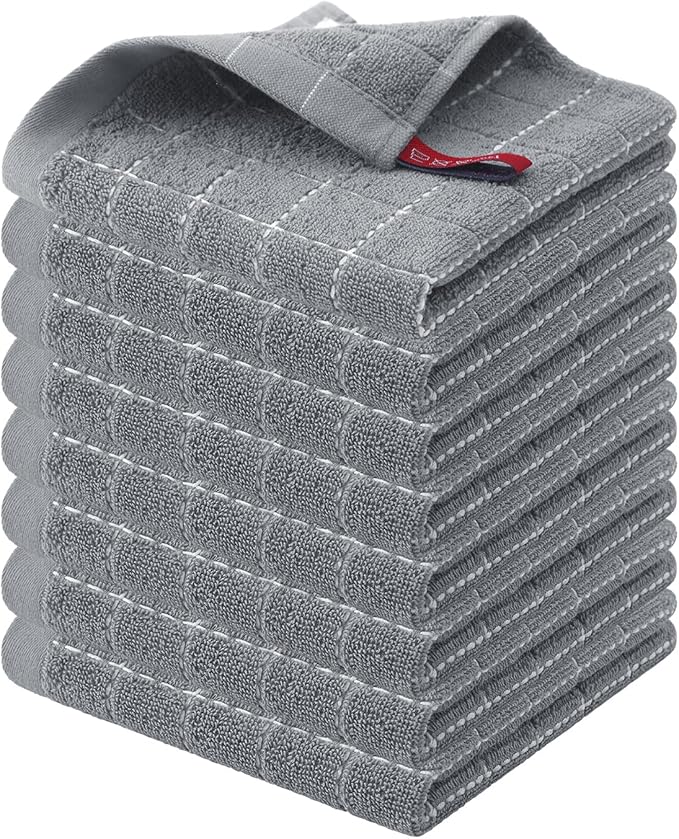 Homaxy 100% Cotton Terry Kitchen Dish Cloths, Ultra Soft and Absorbent Dish Towels for Kitchen, Suitable for Drying and Washing Dishes, 8 Pack, 12 x 12 Inches, Grey