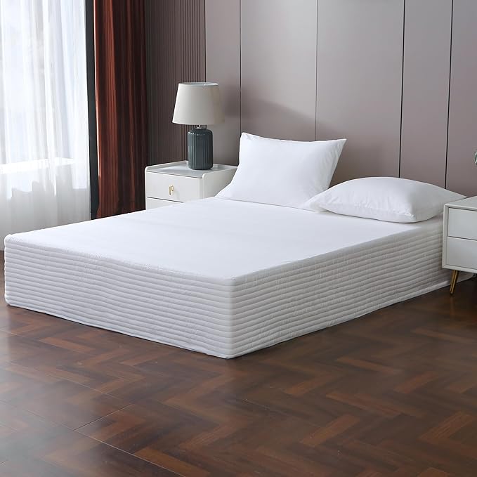 King Bed Skirt-Box Spring Cover with 14 Inch Tailored Drop,Wrinkle and Fade Resistant Hotel Wrap Around Bed Skirts，Bed Frame Cover (Horizontal Stripe White, King)