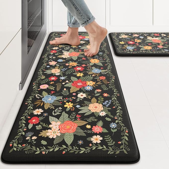KIMODE Kitchen Mats Cushioned Anti Fatigue, Black Floral Kitchen Rugs Sets of 2, Padded Kitchen Floor Mats Non Slip, Comfort Foam Standing Mats for Laundry Office Sink Desk 17"x47"+17"x29"