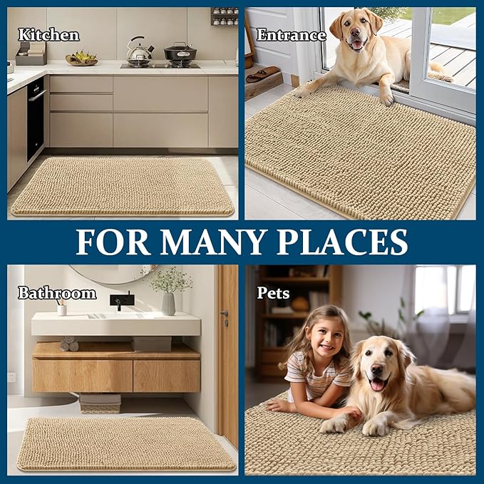 OLANLY Dog Door Mat for Muddy Paws 40x24, Absorbs Moisture and Dirt, Absorbent Non-Slip Washable Doormat, Quick Dry Chenille Mud Mat for Dogs, Entry Indoor Entryway Carpet for Inside Floor, Beige