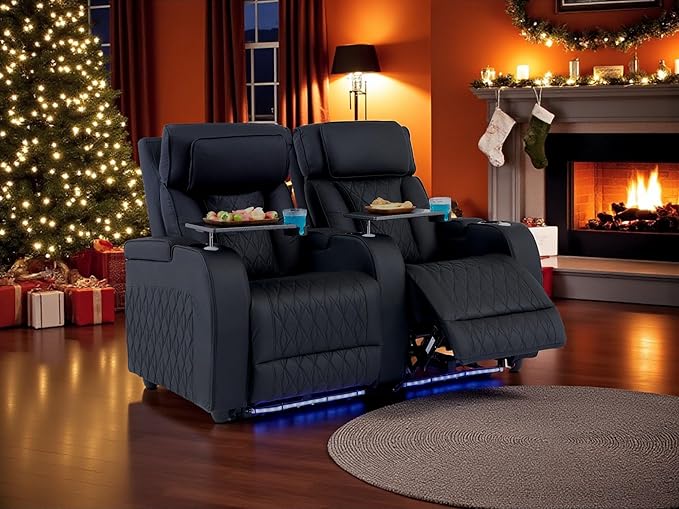 Home Theater Seating Top Grain Leather, Movie Theater Chairs Theater Recliner Sofa with Dual Power Ergonomic Design 7 Colors Ambient Lighting Tray Table Type-C USB Charge (Black, Row of 2)