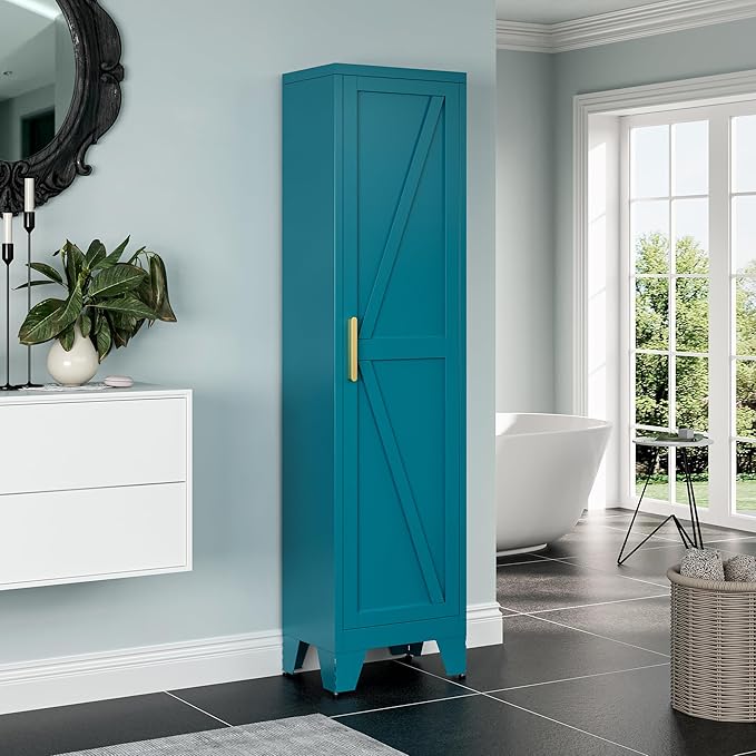 67''Farmhouse Metal Storage Cabinet with Barn Doors,Steel File Cabinet for Home Office,Kitchen Pantry 4 Adjustable Shelves,Freestanding Cupboard for Kitchen,HomeOffice (Peacock Blue)