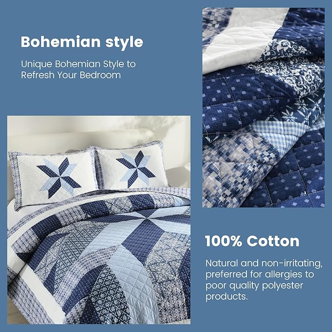 Secgo Handmade Quilted 100% Cotton King Comforter Set for Bed - 100% Cotton Quilts King Size, Black Bedspreads (96 * 108 Inch) with 2 Pillow Shams, Patchwork Reversible Lightweight Bedding