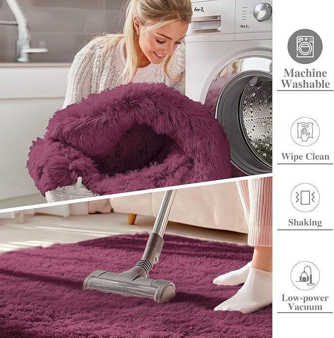 OLANLY 9x12 Machine Washable Large Area Rugs for Living Room, Bedroom, Soft Fluffy Shaggy Bedside Rug, Indoor Floor Carpet for Kids Girls and Boys, Dorms, Nursery, Home Decor Aesthetic, Burgundy