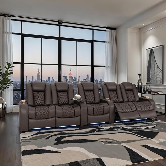 Seatcraft Diamante Zero-Gravity CoolZero Italian Leather Home Theater Seating, Power Headrest, Power Recline, Row of 5 Dual Loveseats, Brown