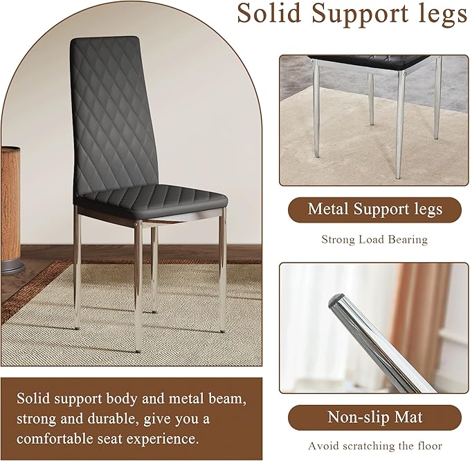 JT Modern Minimalist Dining Chair Fireproof Leather Sprayed Metal Pipe Diamond Grid Pattern Restaurant Home Conference Chair Set of 4 Or 6 (4, Black-Silver)