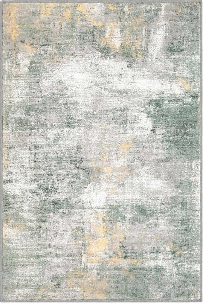 IOHOUZE Abstract Area Rug 3x5 Ft Washable Rugs for Entryway Indoor, Non Slip Kitchen Rug Printed Faux Wool Throw Rugs, Indoor Door Mat for Door Entrance Foyer Living Room, Light Green/Gray/Orange