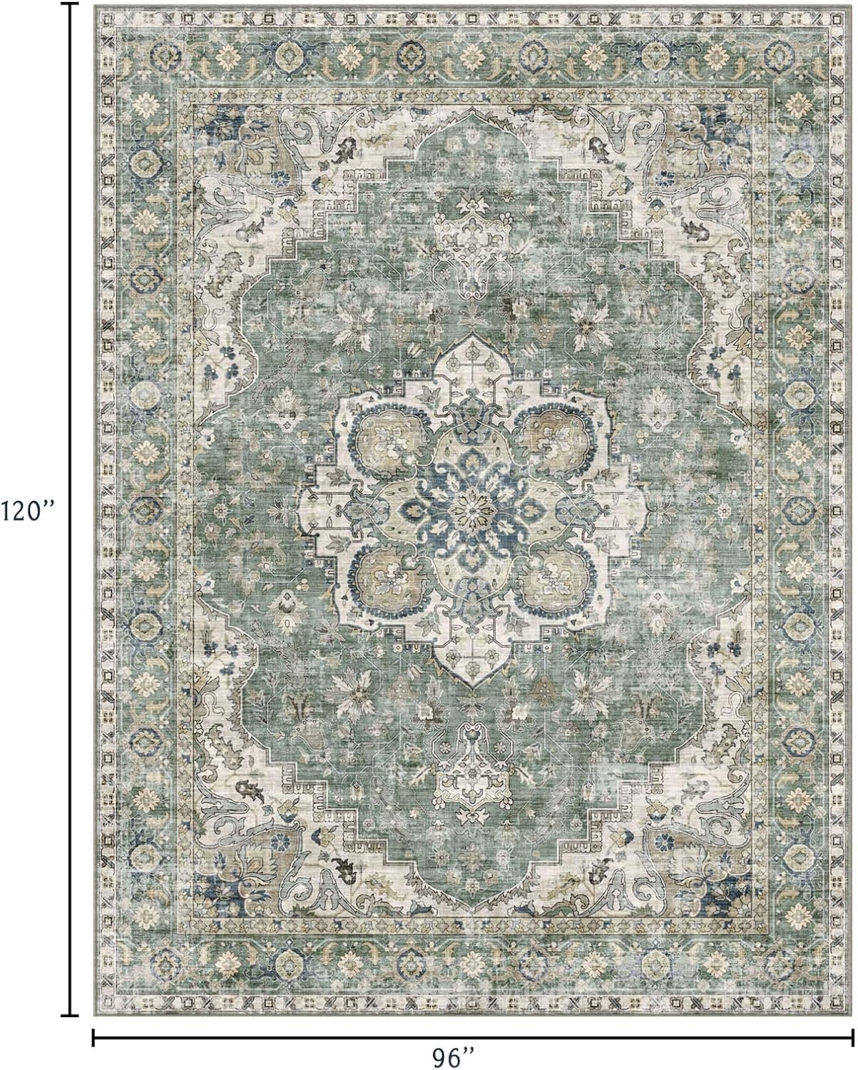 Washable Area Rug 8x10 - Large Sage Green Boho Rugs for Living Room Soft Vintage Bedroom Rug Ultra-Thin Distressed Oriental Carpet Stain Resistant Rug for Dining Room Guest Room Home Decor